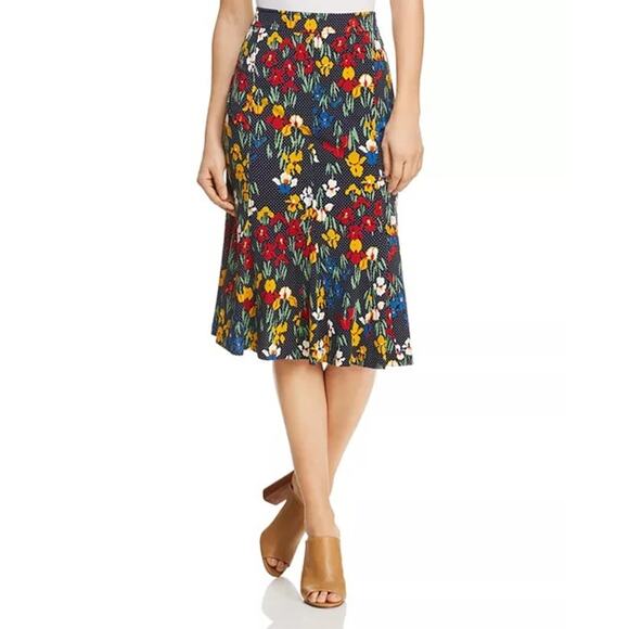 NWT Tory Burch Jada Printed Skirt Navy Iris Garden Polka Dot Fluted A-line Sz L